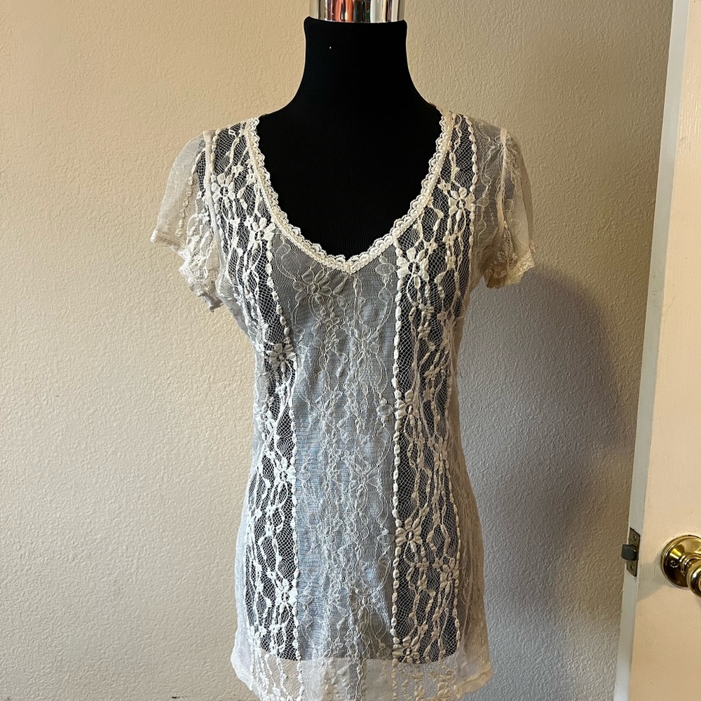 h.i.p. Cream Lace Sheer Top